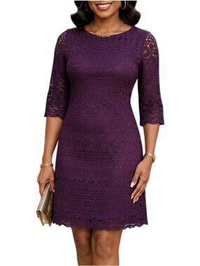 Ronni Nicole Size 8P Dress Purple Lace Fully Lined Scalloped Hem Back Zipper